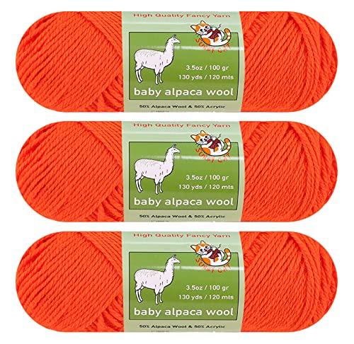 Sunny Cat Baby Alpaca Luxury Wool Blend Yarn Worsted Weight 3 skeins (100g/3.5oz/Each) Art Crafts Crochet and Knitting Sunny Cat Premium Brand (43 Peach Orange)