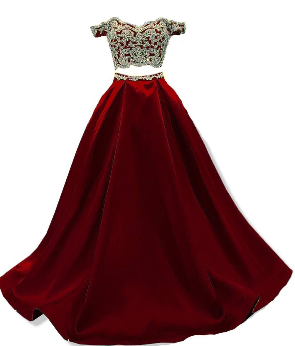 BessDress BessDress Two Piece Gold Lace Applique Prom Dresses 2018 Off The Shoulder Party Ball Gown BD450