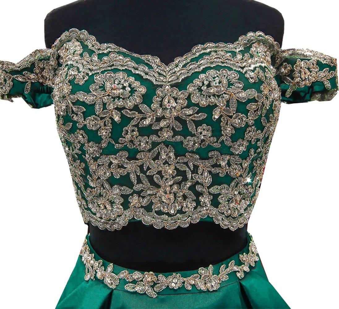 BessDress BessDress Two Piece Gold Lace Applique Prom Dresses 2018 Off The Shoulder Party Ball Gown BD450