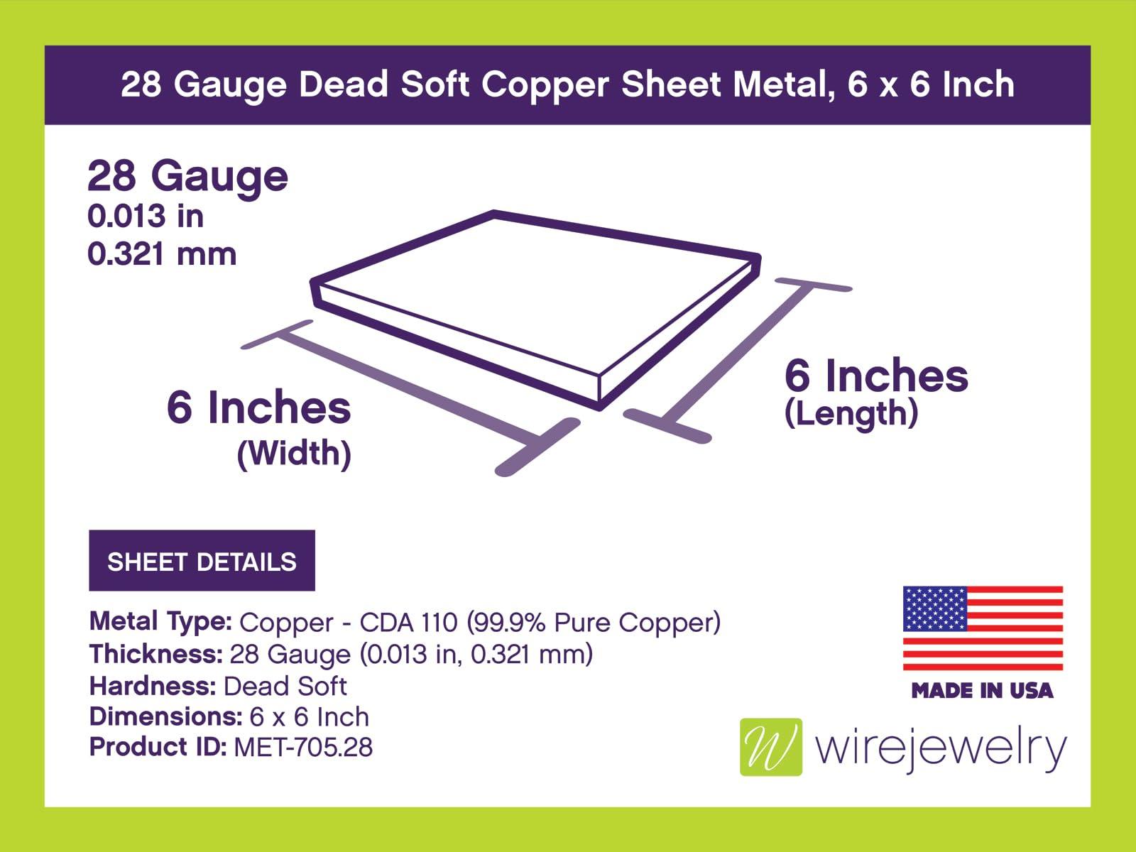 WireJewelry 28 Gauge 0.012 Dead Soft Copper Sheet Metal - 6x6 Inch