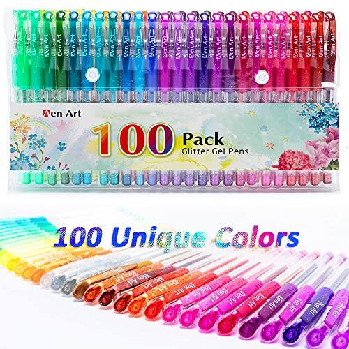 Aen Art Glitter Gel Pens, 100 Color Glitter Pen Set for Making Cards, 30% More Ink Neon Glitter Gel Marker for Adult Coloring Books, Journaling Crafting Doodling Drawing