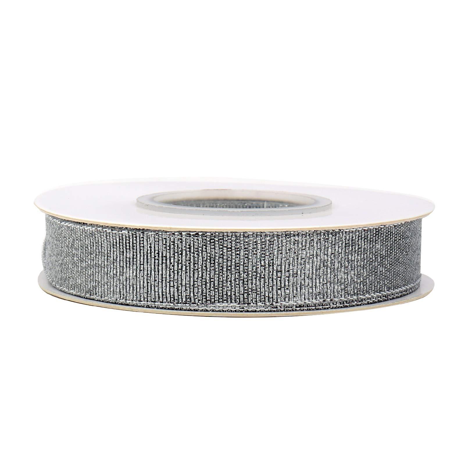 Farbleben 5/8 Inch Glitter Silver Ribbon, Valentines Ribbon for Gift Wrapping, Holiday Party, Wedding Decorations, 25 Yards Fabric Ribbon for Balloons, Sewing, and Floral DIY Decor