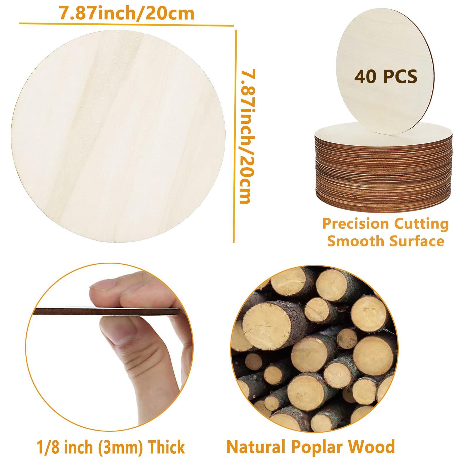 Acrux7 40 PCS 8 Inch Wooden Circles for Crafts 1/8\" Thick Unfinished Round Wood Circles 3 mm Natural Wooden Discs Blank Wood Circles for Painting, Door Hanger, Coaster, Engraving, Cutouts, Home Decoration