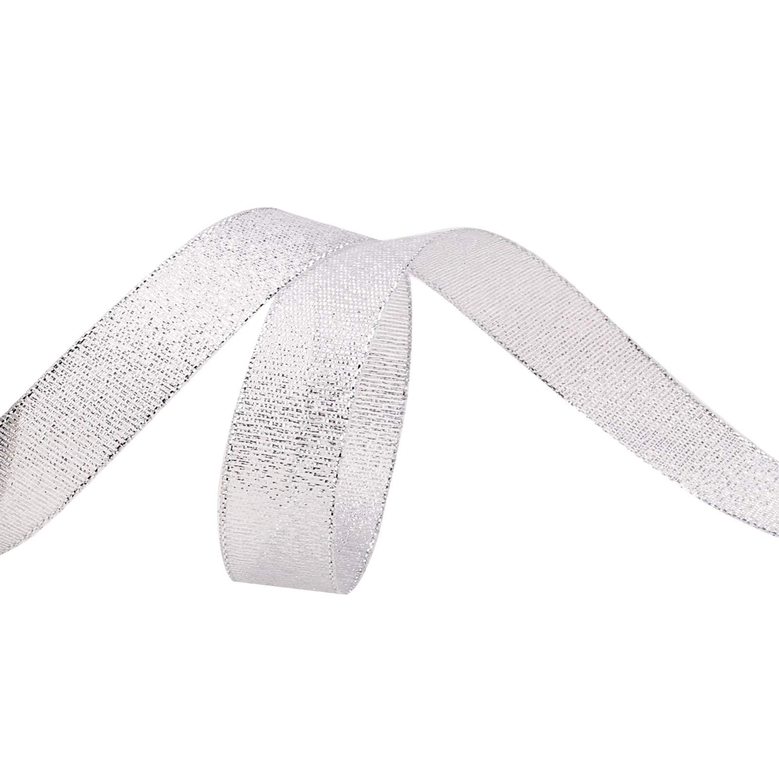 Farbleben 5/8 Inch Glitter Silver Ribbon, Valentines Ribbon for Gift Wrapping, Holiday Party, Wedding Decorations, 25 Yards Fabric Ribbon for Balloons, Sewing, and Floral DIY Decor