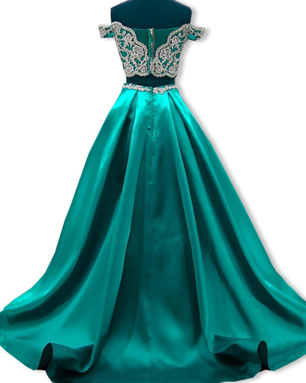 BessDress BessDress Two Piece Gold Lace Applique Prom Dresses 2018 Off The Shoulder Party Ball Gown BD450