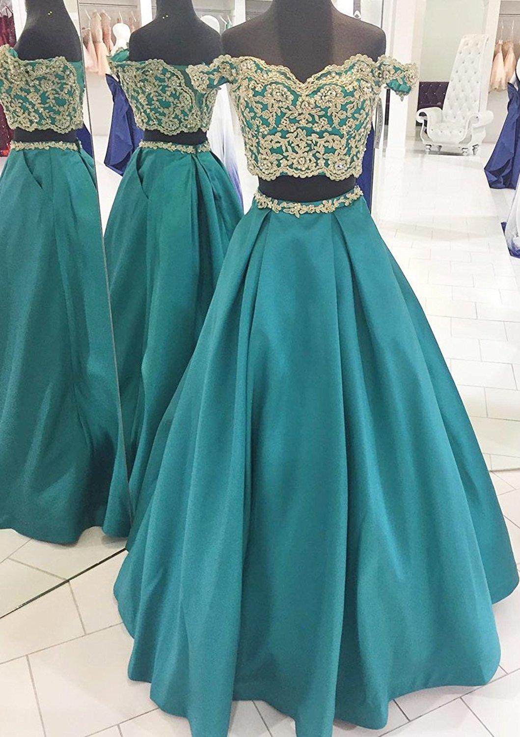 BessDress BessDress Two Piece Gold Lace Applique Prom Dresses 2018 Off The Shoulder Party Ball Gown BD450