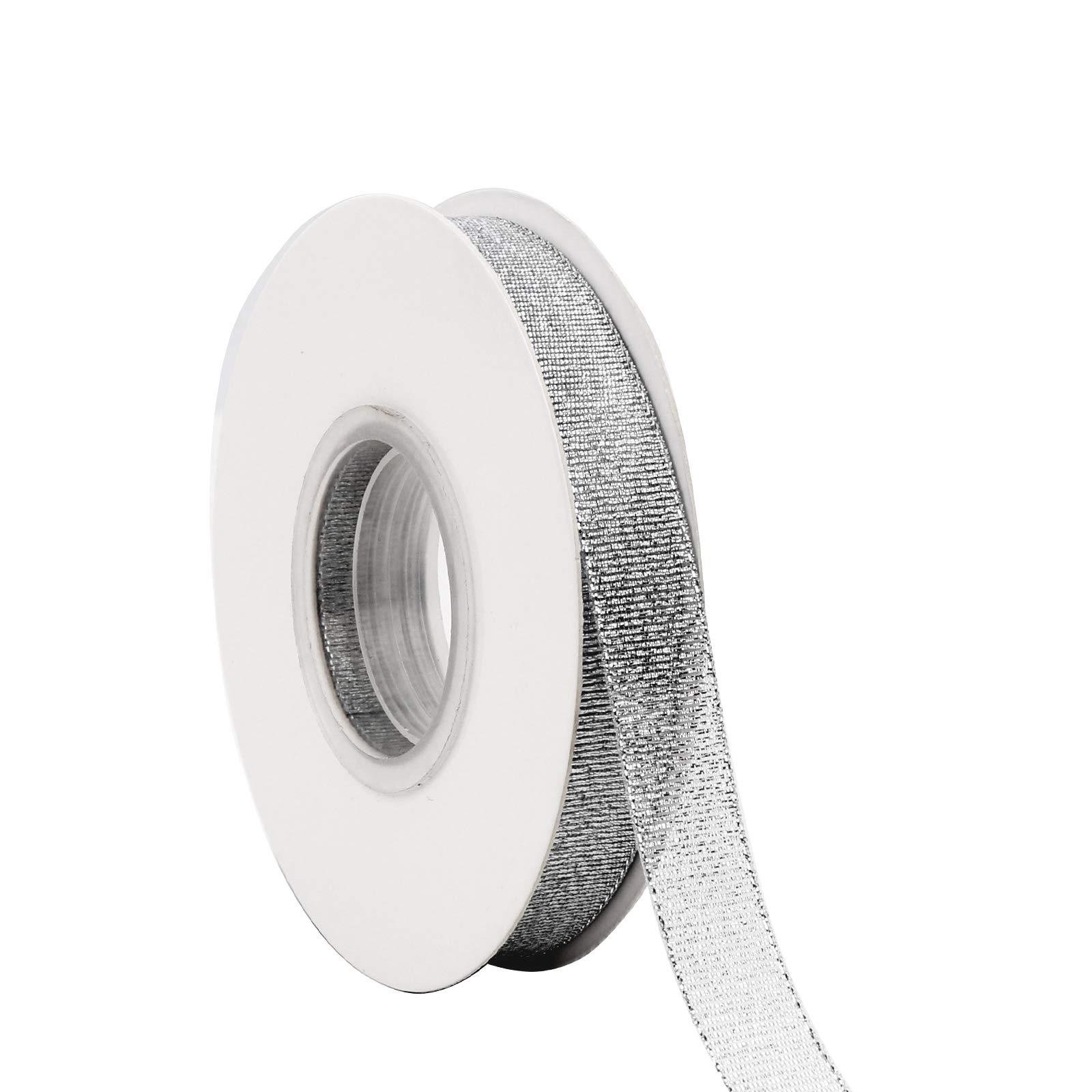Farbleben 5/8 Inch Glitter Silver Ribbon, Valentines Ribbon for Gift Wrapping, Holiday Party, Wedding Decorations, 25 Yards Fabric Ribbon for Balloons, Sewing, and Floral DIY Decor